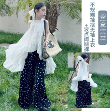 批发<b class='q'>女童</b>202<b class='q'>6</b>夏季新款中大童不规则荷叶边挂脖上衣波点裤套装韩系夏装