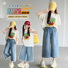 批发<b class='q'>女童</b>牛仔<b class='q'>七分</b>裤2026夏新款中大童卡通印花T恤宽松短袖阔腿裤套装