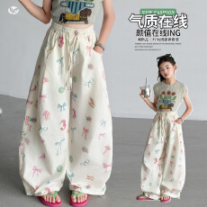 批发<b class='q'>女童</b>裤子2026夏季新款中大童满印蝴蝶结弯刀裤宽松阔腿裤防蚊长裤