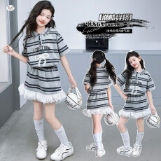 批发女童2026年夏季新款<b class='q'>韩版</b>花边条纹短裙套装中大童polo领短袖上衣T