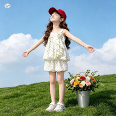 批发<b class='q'>女</b><b class='q'>童</b>套装2026夏季新款中大童挂脖上衣花苞裤短裤波点两件套可爱风