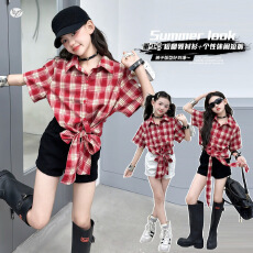 批发<b class='q'>女</b><b class='q'>童</b>复古港风<b class='q'>夏装</b>2026新款中大童绑带收腰格子衬衫短裤热裤两件套