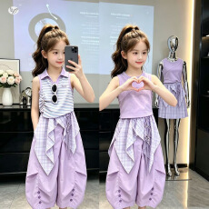 批发<b class='q'>女</b><b class='q'>童</b>休闲套装2026夏季新款中大童无袖背心上衣格子屁帘阔腿裤长裤