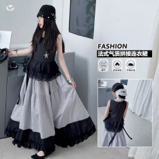 批发<b class='q'>女</b><b class='q'>童</b>韩系波点裙套装2026夏季新款中大童蕾丝花边背心拼接A字长裙