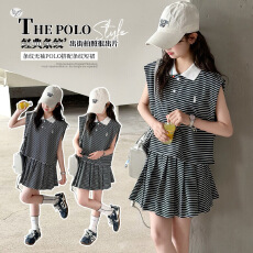 批发<b class='q'>女</b><b class='q'>童</b>休闲条纹套装2026夏季新款中大童无袖POLO衫百褶裙短裙两件套