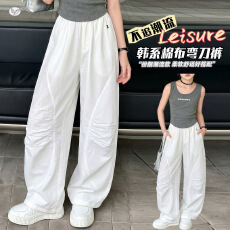 批发<b class='q'>女童</b>裤子2026夏季新款中大童白色棉布裤弯刀裤褶皱阔腿裤儿童长裤