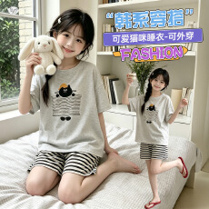 批发<b class='q'>女童</b>夏<b class='q'>季</b>薄款睡衣2026新款中大童卡通印花T恤条纹短裤可爱家居服