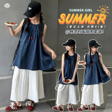 批发女童韩系套装2026夏季新款中大童无袖格子娃娃衫阔腿裤八分裤洋气