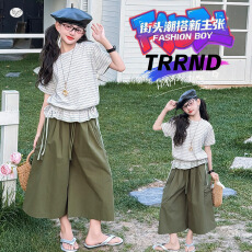 批发<b class='q'>女童</b>森系<b class='q'>套</b>装2026夏新款中大童抽绳花边条纹T恤大口袋八分裤宽松