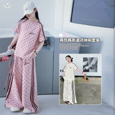 批发女童2026年夏季新款织带波点阔腿裤套装女孩<b class='q'>韩版</b>短袖上衣休闲裤潮