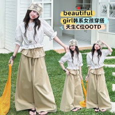 批发女童2026年夏季新款泡泡袖短袖荷叶边屁帘阔腿裤套装宽松直筒裤潮