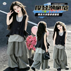 批发<b class='q'>女童</b>韩系<b class='q'>叠</b>穿夏装2026新款中大儿童不规则荷叶边马甲屁帘裙裤套装