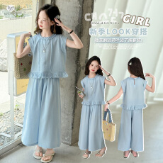批发<b class='q'>女童</b>棉<b class='q'>麻</b>套装2026夏季新款中大童荷叶边下摆T恤阔腿裤凉感两件套