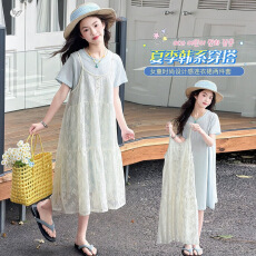 批发<b class='q'>女</b><b class='q'>童</b>韩系叠穿裙<b class='q'>套装</b>2026夏季新款中大童长款T恤裙蕾丝绣花吊带裙