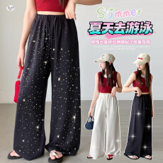 批发<b class='q'>女</b><b class='q'>童</b>撒银冰丝凉感阔腿裤2026夏季新款中大童直筒裤夏天外出防蚊裤