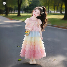 批发女童夏季彩虹连衣裙2026新款甜美可爱中大童夏款多巴胺洋气蛋糕裙