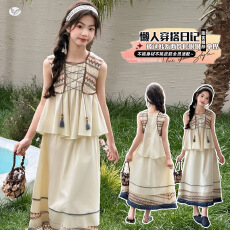 批发<b class='q'>女</b><b class='q'>童</b>波西米亚套装2026夏新款中大童无袖绑带娃娃衫流苏半身裙长裙