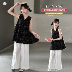 批发<b class='q'>女</b><b class='q'>童</b>复古港风套装2026夏新款中大童V领波点娃娃衫花边阔腿裤轻薄