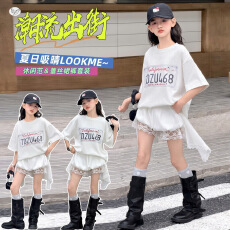 批发<b class='q'>女童</b>爵士<b class='q'>舞</b>服2026夏季新款中大童宽松半袖T恤蕾丝花边飘带<b class='q'>裙裤</b>潮
