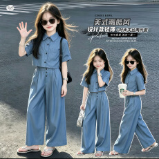 批发<b class='q'>女童</b>天丝<b class='q'>套装</b>2026夏季新款中大童翻领<b class='q'>短袖</b>衬衫阔腿裤儿童凉感夏装