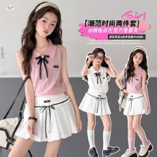 批发<b class='q'>女</b><b class='q'>童</b>夏装套装学院风中大童时髦蝴蝶结针织背心百褶裙两件套夏季潮