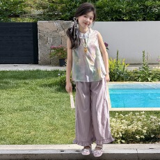 批发<b class='q'>女</b><b class='q'>童</b>新中式改良套装2026夏季新款中大童晕染旗袍上衣花边阔腿<b class='q'>长裤</b>