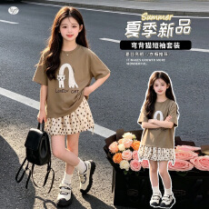 批发<b class='q'>女</b><b class='q'>童</b>韩系套装2026夏季新款中大童卡通猫咪T恤波点花苞短裙蓬蓬裙
