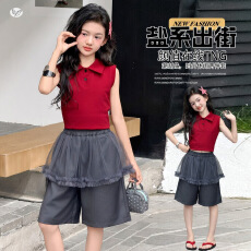 批发<b class='q'>女</b><b class='q'>童</b>休闲套装2026夏季新款中大童无袖polo领背心网纱屁帘西服中裤