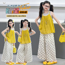 批发<b class='q'>女</b><b class='q'>童</b>休闲套装2026夏新款中大童背心网纱吊带波点九分裤三件套薄款