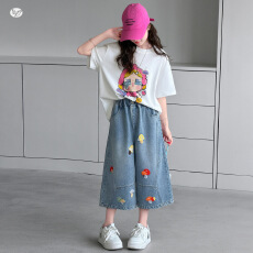 批发<b class='q'>女</b><b class='q'>童</b>卡通印花半袖T恤牛仔裤套装2026夏新款中大童绣花蘑菇七分裤