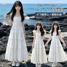 批发女童韩系套装2026夏季新款中大童小飞袖上衣花边半身裙长裙两件套