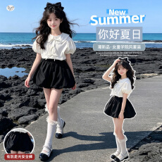 批发<b class='q'>女童</b>法式<b class='q'>套</b>装2026夏新款中大儿童泡泡袖娃娃衫花苞<b class='q'>裙裤</b>短裤两件套