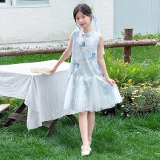 批发<b class='q'>女童</b>202<b class='q'>6</b>年夏季新款国风印染旗袍连衣裙女孩盘口网纱拼接直筒裙潮