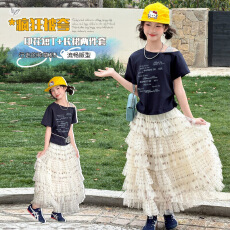 批发女童套装2026<b class='q'>夏</b>季新款中大童假两件字母露肩T恤波点网纱裙蛋糕裙