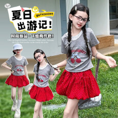 批发女童2026年<b class='q'>夏</b>季新款韩版印花短袖套装中大童波点花苞裙防走光短裙