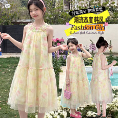 批发<b class='q'>女</b><b class='q'>童</b>挂脖连衣裙2026夏季新款中大童彩色公主裙纱裙度假风儿童长裙