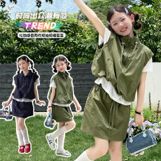 批发女童2026年夏季新款韩版假两件工装马甲短裙套装学生休闲立领上衣