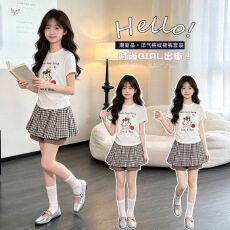 批发女<b class='q'>童</b><b class='q'>韩</b>系夏<b class='q'>装</b>2026新款<b class='q'>中大</b><b class='q'>童</b>卡通印花T恤高腰格子半身裙裙裤套装