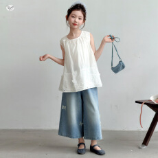 批发<b class='q'>女童</b>夏<b class='q'>装</b>花边衬衫<b class='q'>套装</b>新款女中大童洋气衬衣蝴蝶<b class='q'>牛仔</b>裤童装七分裤