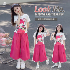 批发女大<b class='q'>童</b>夏季套装2026新款初中生女孩洋气多巴胺短袖阔腿裤两件套潮