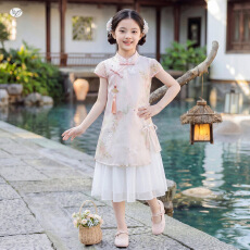 批发<b class='q'>女童</b>旗袍<b class='q'>连衣裙</b>夏季国风儿童夏装汉服公主裙新中式花卉刺绣古装裙