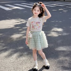 批发女童夏季套装2026新款洋气<b class='q'>儿童</b>印花短袖T恤网纱蓬蓬蛋糕裙两件套