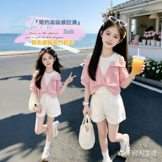 批发女<b class='q'>童</b><b class='q'>夏季</b><b class='q'>套</b>装2026新款<b class='q'>中大</b><b class='q'>童</b>小女孩假两件露肩衬衫洋气短裤两件套
