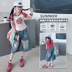 批发女<b class='q'>童</b><b class='q'>甜</b>酷夏<b class='q'>装</b>2026新款中大<b class='q'>童</b>撞色彩点T恤涂鸦牛仔中裤夏天两件套