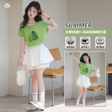 批发女<b class='q'>童</b><b class='q'>多巴胺</b>绿色<b class='q'>水</b>果印花T恤夏季2026新款女生洋气休闲短袖两件套