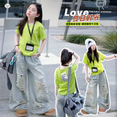 批发女<b class='q'>童</b><b class='q'>套装</b><b class='q'>202</b>6夏新款中大<b class='q'>童</b>贴标短袖T恤破洞牛仔裤美式街舞表演服