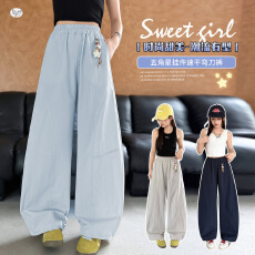 批发<b class='q'>女</b><b class='q'>童</b>夏季速干弯刀裤2026新款<b class='q'>中大</b>童休闲拼接阔腿裤外出防蚊裤长裤