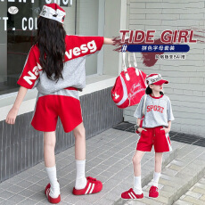 批发<b class='q'>女</b><b class='q'>童</b>运动<b class='q'>套装</b>2026夏季新款中大童撞色字母T恤拉条短裤宽松夏装潮