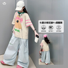 批发女童夏装2026新款中大儿童拼接印花T恤速干阔腿裤套装轻薄两件套