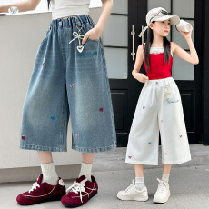批发<b class='q'>女</b><b class='q'>童</b>彩色蝴蝶结刺绣七分裤2026夏季新款<b class='q'>中大</b>童可爱阔腿裤外出裤子